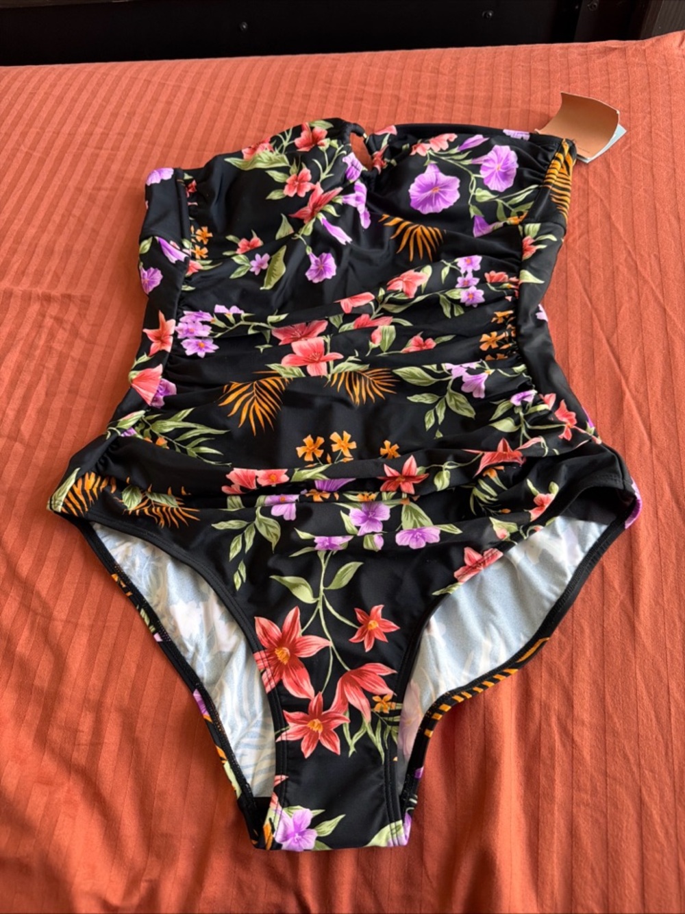 Floral Ruched One-Piece Swimsuit - Black with Bright Floral Print